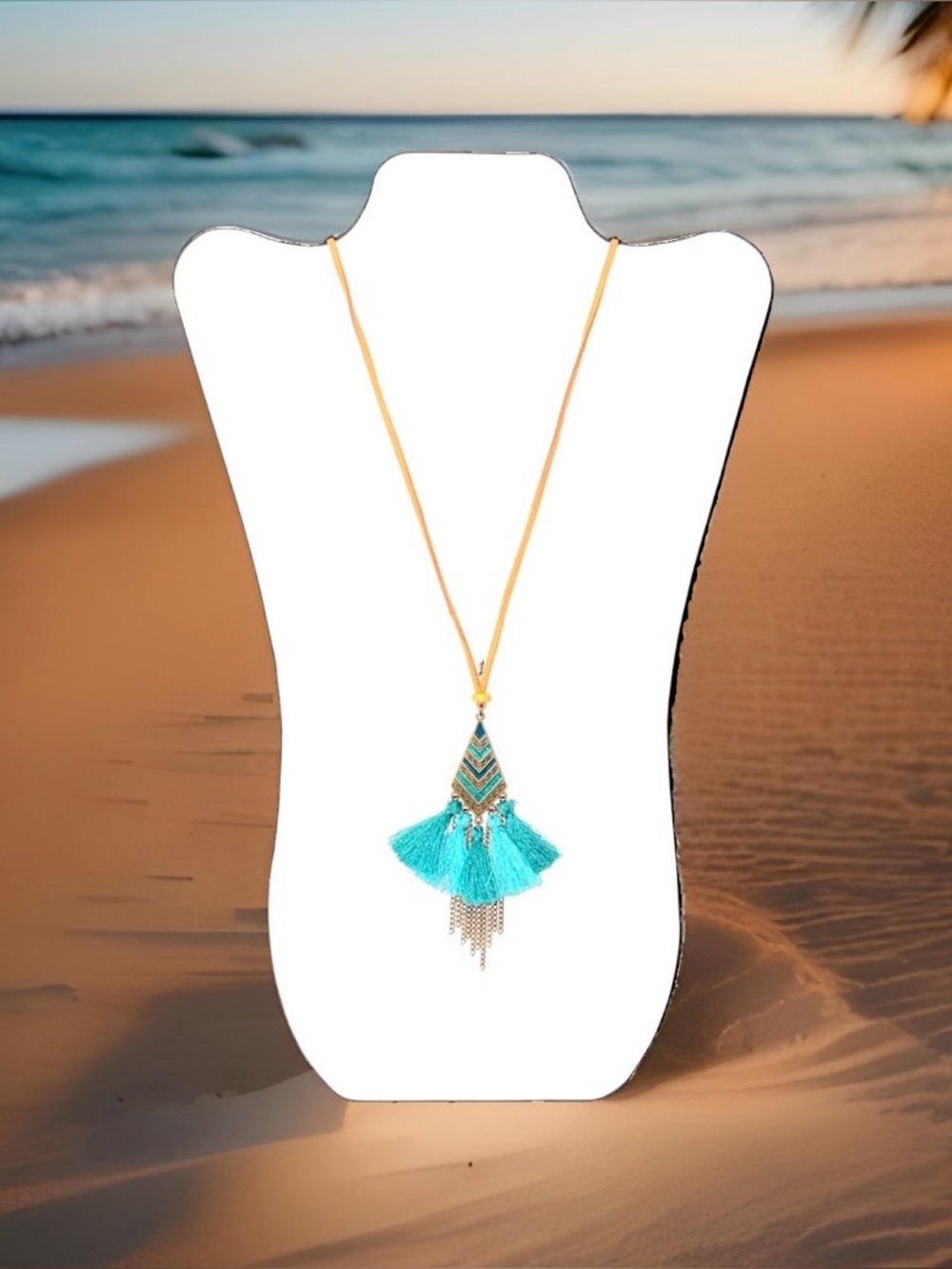 Boho Turquoise Tassel Geometric Pendant Necklace Tan Suede Cord Chevron Bronze